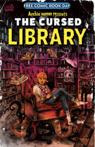 Jinx Holliday, a redheaded thin white teenager with freckles on her cheeks wears as smug expression on her face as she sits in a wingbacked chair. Her red hair is in short pigtails and she wears a pair of patched blue jeans, grey socks on her feet and a purple blouse with a grey sweater over it. She sports multiple necklaces and bracelets and a book is propped on her folded knees. In the library that surrounds her horrifying things are happening - a black-trentacled monster is emerging from beneath the chair and sports many eyes, the deer's head on the wall seems to be possessed, and books fly about on their own. Everything is shaded violet