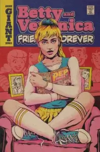 Blonde, white, thin teenager Betty cooper sits cross-legged on a pink armchair in her pale blue cheerleader uniform with its yellow skirt. She holds a pink copy of 'Pep' Magazine against hr chest, and behind her there is an image of the gang, and pictures of them in gold-rimmed pictures. She stares into the camera.