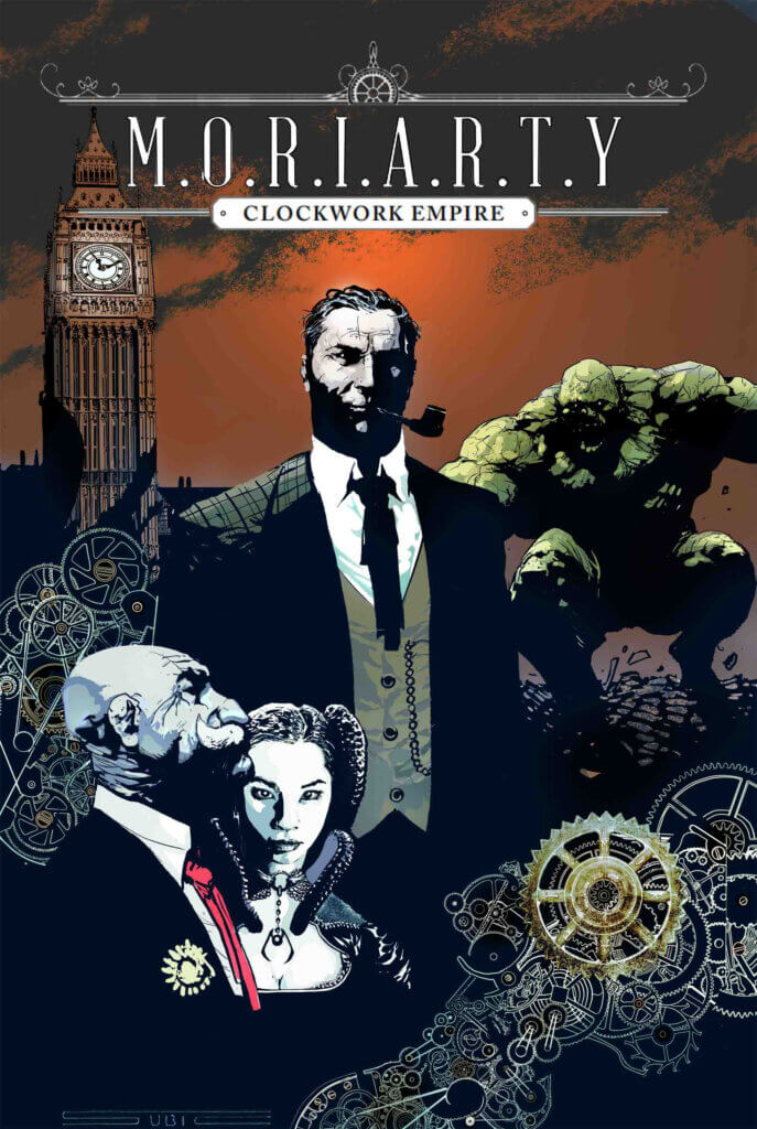 A man with a pipe in his mouth stares out at the reader, along with a woman. Another man with a moustache appears in profile. A green beast also appears with a menacing look. The background includes Big Ben and several gears. 