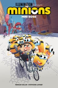The Minions, yellow creatures with large goggle-like eyes, ride bikes through the streets with a fellow human
