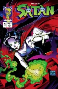 Madame Satan, in a visual tribute to Spawn #1, wears a red cope and dark purple dress. She is a thin, white woman. Green plumes of magic and purple clouds of smoke emit from her hands.