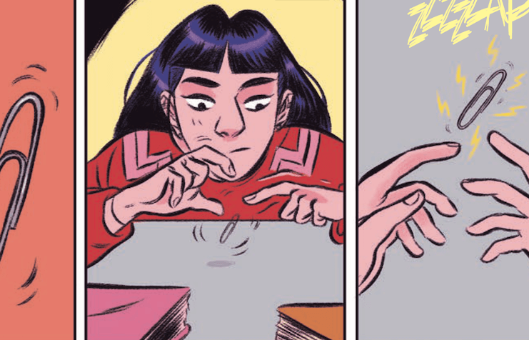 3 panels from Side Effects, depicting Hannah using her electricity superpower to play around with a paperclip