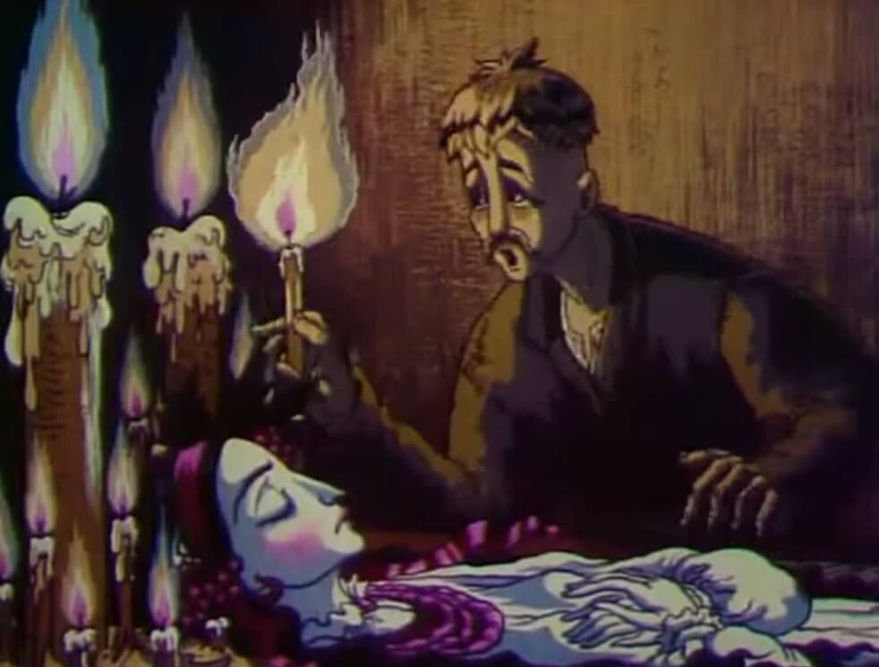 Still from the 1996 animated film The Viy. A gothic scene of a man bending over a woman's body in her coffin by candlelight.