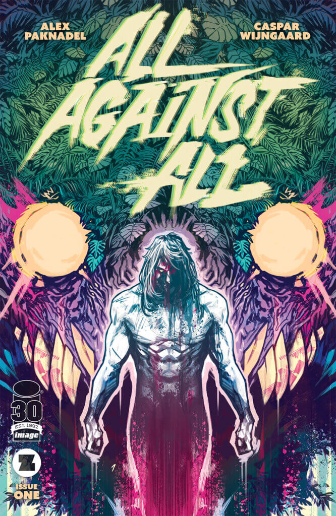All Against All Cover A, featuring a primal human standing before a menacing alien face