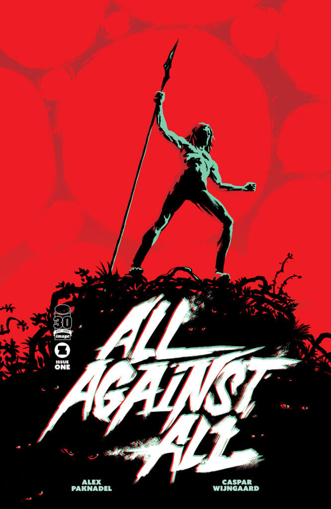 All Against All Cover B, featuring a primal human standing atop a hill with a spear