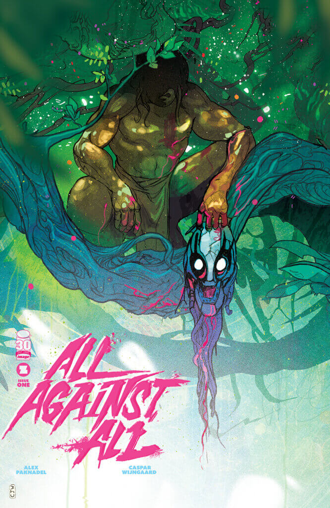 All Against All Cover D, featuring a primal human perching on a branch with a severed alien head