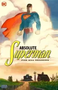 Superman towering over a cloudy Smallville