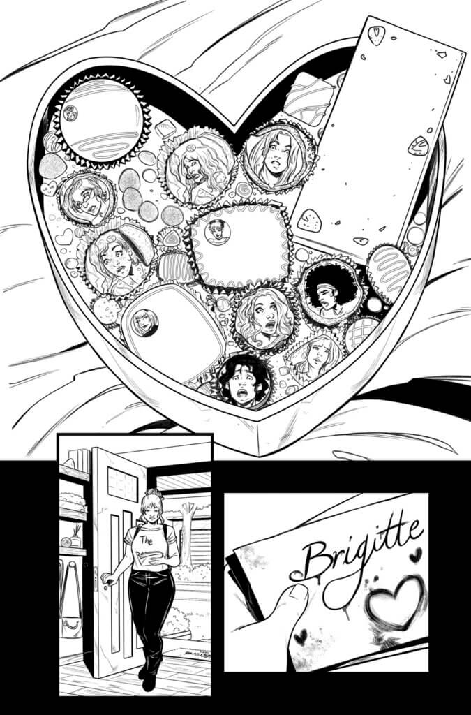 a heart-shaped box of chocolates on a bedspread, Brigitte Reilly entering a room to find them and a card for her