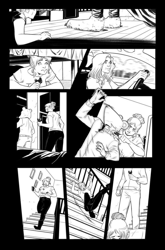 Brigitte Reilly struggling with a home invader disguised in a rat mask