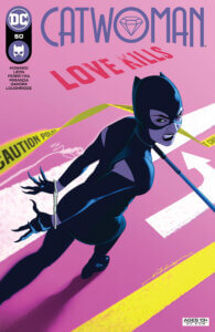 Catwoman snarling while in handcuffs in front of a pinkwashed crime scene