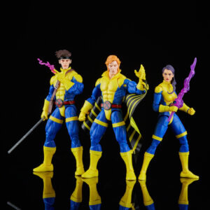 Official promo photos for Marvel Legends box set featuring Banshee, Gambit, and Psylocke in matching uniforms from the cover of Uncanny X-Men 275.