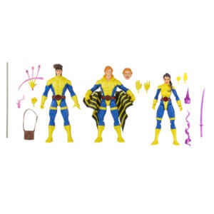 Official promo photos for Marvel Legends box set featuring Banshee, Gambit, and Psylocke in matching uniforms from the cover of Uncanny X-Men 275.