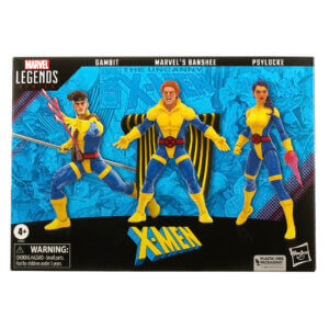 Official promo photos for Marvel Legends box set featuring Banshee, Gambit, and Psylocke in matching uniforms from the cover of Uncanny X-Men 275.