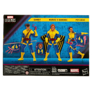 Official promo photos for Marvel Legends box set featuring Banshee, Gambit, and Psylocke in matching uniforms from the cover of Uncanny X-Men 275.