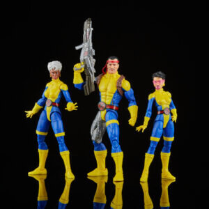 Official promo photos for Marvel Legends box set featuring Forge, Storm, and Jubilee in matching uniforms from the cover of Uncanny X-Men 275.