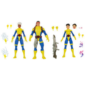 Official promo photos for Marvel Legends box set featuring Forge, Storm, and Jubilee in matching uniforms from the cover of Uncanny X-Men 275.