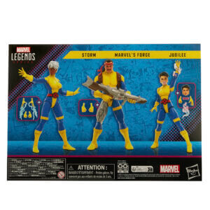 Official promo photos for Marvel Legends box set featuring Forge, Storm, and Jubilee in matching uniforms from the cover of Uncanny X-Men 275.