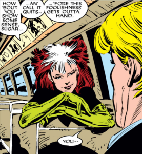 A panel of Rogue from Uncanny X-Men 232, featuring her boxy metalhead shag haircut. Art by Marc Silvestri.