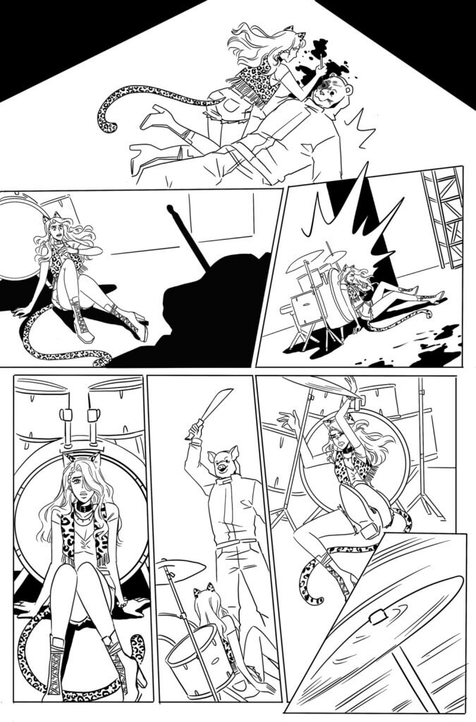 Melody being attacked on a stage by a knife-wielding man in a pig mask