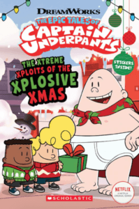 Captain Underpants with George and Harold holding a gift