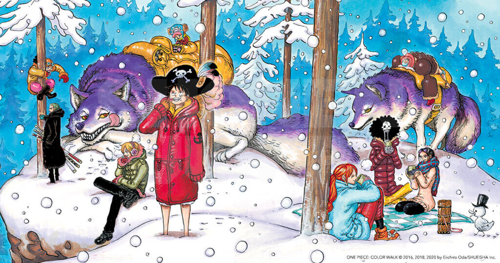 Wraparound cover of the One Piece Color Art Compendium: from New World to Wano depicting the Straw Hats in a wintry forest.