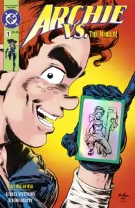 White, redheaded teenager Archie Andrews is seen at a profile in extreme closeup. He wears a maniacal smile. He wears a black glove on his hand. In his hand is a holographic card which contains a black sketch of Betty Cooper.