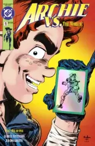 White, redheaded teenager Archie Andrews is seen at a profile in extreme closeup. He wears a maniacal smile. He wears a black glove on his hand. In his hand is a holographic card which contains a black sketch of Betty Cooper.