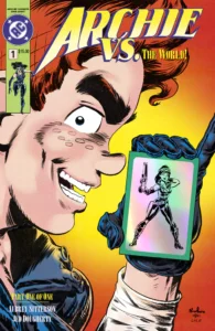 White, redheaded teenager Archie Andrews is seen at a profile in extreme closeup. He wears a maniacal smile. He wears a black glove on his hand. In his hand is a holographic card which contains a black sketch of Veronica Lodge.