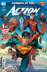 The entier Superfamily Superboy, Supergirl, Steel, Superman (Jon), Super-Man (Kenan), Superman (Clark), and the new Supertwins flying in the cloudy sky.