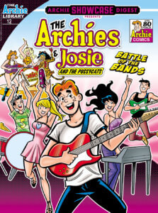 The Archies and the Pussycats frolic and rock out in front of a pink background