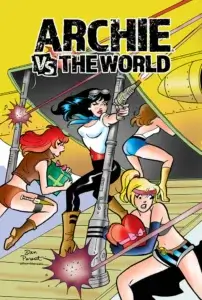 Thin white teenagers Veronica Lodge, Cheryl Blossom and Betty Cooper are in an exciting space battle. long-haired brunette Veronica is wearing black tights and a white top with a red belt and aviator goggles; redheaded Cheryl is wearing a brown vest and brown panties with brown boots; blonde Betty is wearing long black gloves, a red bandana, black tights and a black bra. Cheryl and an unnamed brown-haired woman with blue tights and a white top are running up the loading bay of a golden ship, upon which Veronica is also perched to shoot. Betty is in front of the gangplank and has barely missed taking a red beam of energy to the arm. Red laser fire rains all around the teenagers, who are carrying away Valentine's Day hearts and gifts instead of supplies.