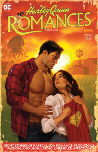Clark Kent holding Lois Lane in a romance cover pose before a setting Kansas sun