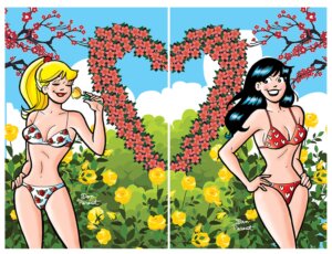 Blonde thin white teenagers Betty Cooper and Veronica Lodge stand ing a green, flower-filed garden. Betty sports a white bikini with red roses on it, and Veronica sports a red bikini with white hearts on it. Veronica has her hands on her hips and a saucy grin on her face while glancing to her right (the reader's left); betty is sniffing a ping blossom. The tree behind them is filled with pink buds, the sky is blue and filled with puffy clouds, and rising from the greenery is a pink rose-laden, heart-shaped floral arrangement. When you place Betty and Veronica's covers together, they make a single illustration with the full heart joined together in the center of the piece.