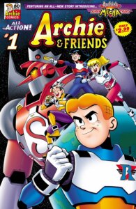 Redheaded white teenager Archie Andrews poses in the foreground with a determined expression on his face. His thin, white teeange friends Betty Cooper, Jughead Jones and Veronica Lodge all look similarly determined. They wear suits similar to those worn in Sentai animes, with long spandex pants and white breastplates. Archie wears blue, Betty Pink, Jughead Gold, and Veronica purple. A robot with a grey fool's cap that resembles Jughead is in the background and it is red and purple and bears a grey fool's cap like him.