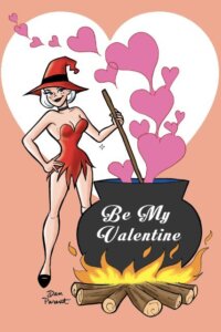 White thin white-haired teenager sabrina spellman wears a glittery red low-cut dress that resembles something a Las Vegas showgirl would wear, along with black shoes and a red witch's hat with a black band around it. She stirs a large black cauldron on a roaring log fire with flames of orange and red. pink hearts bubble up out of the cauldron and into a white heart-shaped spotlight. The background is a slightly different shade of pink.