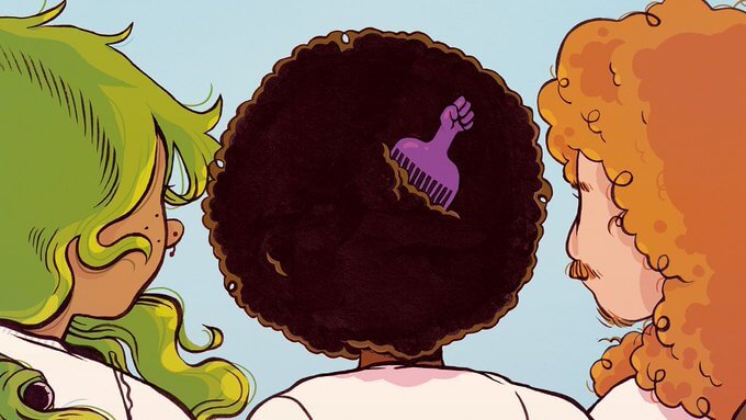 Image of three individuals standing together. View from back of them: a afro, long curly hair and a mullet can be seen.