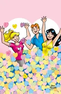 Thin white teenagers Betty Cooper, Veronica Lodge and Archie Andrews frolic in a pile of multicolored conversation hearts. Betty wears a dark pink shirt with a white heart in the center of it and a grey skirt; Archie a blue polo shirt and Veronica a yellow scoopneck dress. They're all enthusiastically tossing the hearts in the air against a white heart-shaped spotlight and pale pink background.