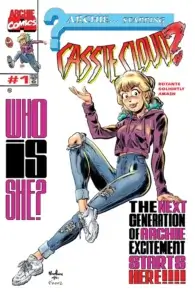 White, blonde, thin teenager Cassie Cloud, has aqua-tipped hair, sits perched on 90s style purple and black-colored writing. She wears jeans with holes in them, white tennis shoes and a purple hoodie.