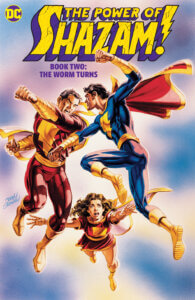 Captain Marvel and Captain Marvel Jr fighting in midair while Mary Marvel tries to separate them.