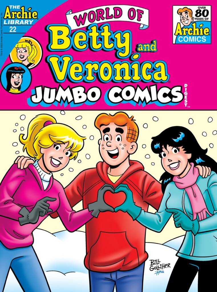 Cover of World of Betty and Veronica Jumbo Comics volume 22 depicting Betty, Archie, and Veronica all wearing cold weather clothes standing out in the snow