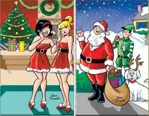 Veronica Lodge and Betty Cooper, a brown and blonde-haired white thin teenager, respectively, wear Santa Clause dresses in a well-appointed living room. Veronica wears red pumps and so does Betty. Veronica has a red bow in her hair and Betty has a black one. They wear wide black belts with golden buckles and ermine fur trimmed dresses. Behind them there's agreen fir tree that's well decorated with multicolored decorations and garland and a wreath pinned up over a roaring fire. Veronica and Betty whisper to each other in horror, and Betty leans against the door with her back to it. That's because Thin white redheaded teenager Archie Andrews and his thin white brunet best friend Jughead jones have arrived with Jughead's white sheepdog, Hot Dog. Archie is dressed like Santa Claus, complete with fake white beard and padded suit, and Judghead is dressed as an elf in a green costume. Archie is also bearing a big sack of presents. Outside it's snowing and there is a heavy blanket of snow on the ground.