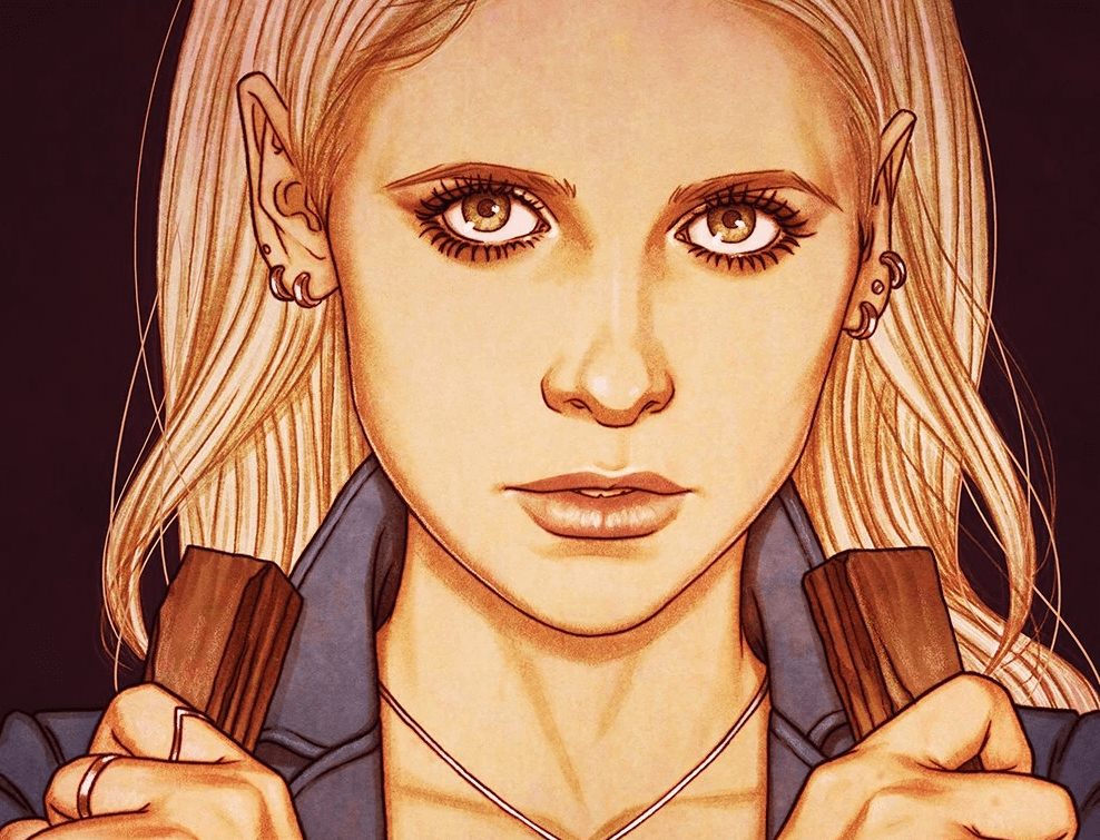 Graphic depicting an up close image of Buffy holding two stakes against her shoulders