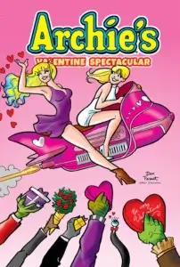 In a tribute to Planet Comics, Blonde thin white teenagers Cassie Cloud and Betty Cooper soar into a pink sky on a pink spacecraft decorated with white hearts. Betty's wearing a white swimsuit with white pumps as she drives the vehicle; Cassie wears a purple scoopneck dress with brown high-heeled boots and blue highlights in her long blond hair - red hearts dance around her head as she waves to a group of monsterly admirers on the ground. We cannot see them except for their green hands; they offer up flowers, chocolate hearts and other objects to Cassie and Betty as they fly away.