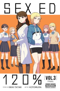 cover of Sex Ed 120% volume 3 depicting the core cast standing on an orange background