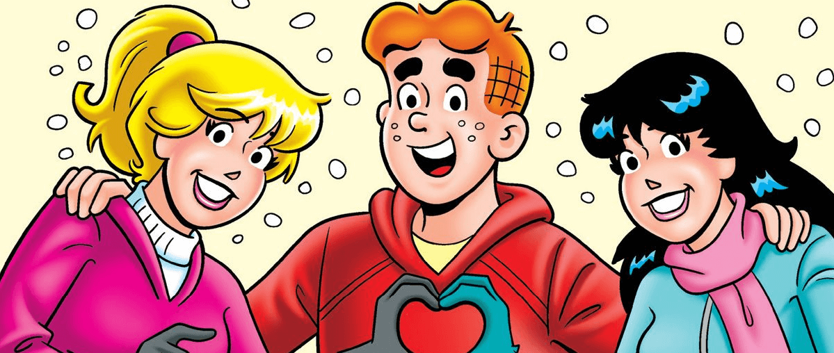 Graphic depicting Betty, Archie, and Veronica wearing cold weather clothes