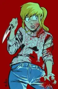 Betty covered in cuts and blood holding a knife