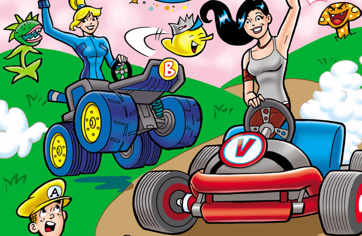 Cropped cover of Betty and Veronica Friends Forever Game On! depicting Betty, Veronica, and Archie in a Mario Kart style go-kart game.