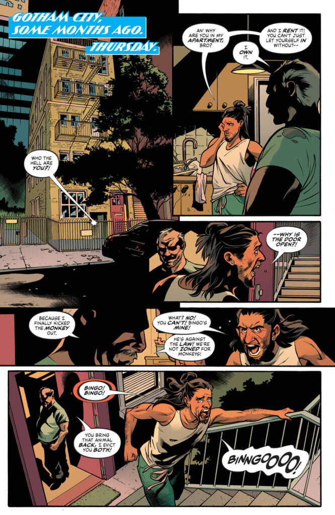 A man is told by his landlord that his monkey is not allowed on the lease, and that the landlord let him go in to the wild city. 