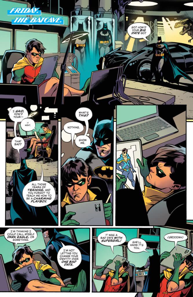 Robin is drawing his Nightwing costume on a tablet while in a foul mood, while Batman asks him how his date went.