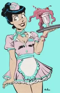 A waitress with a nametag that reads Ronnie is carrying an ominously tentacle shaped milkshake on a tray